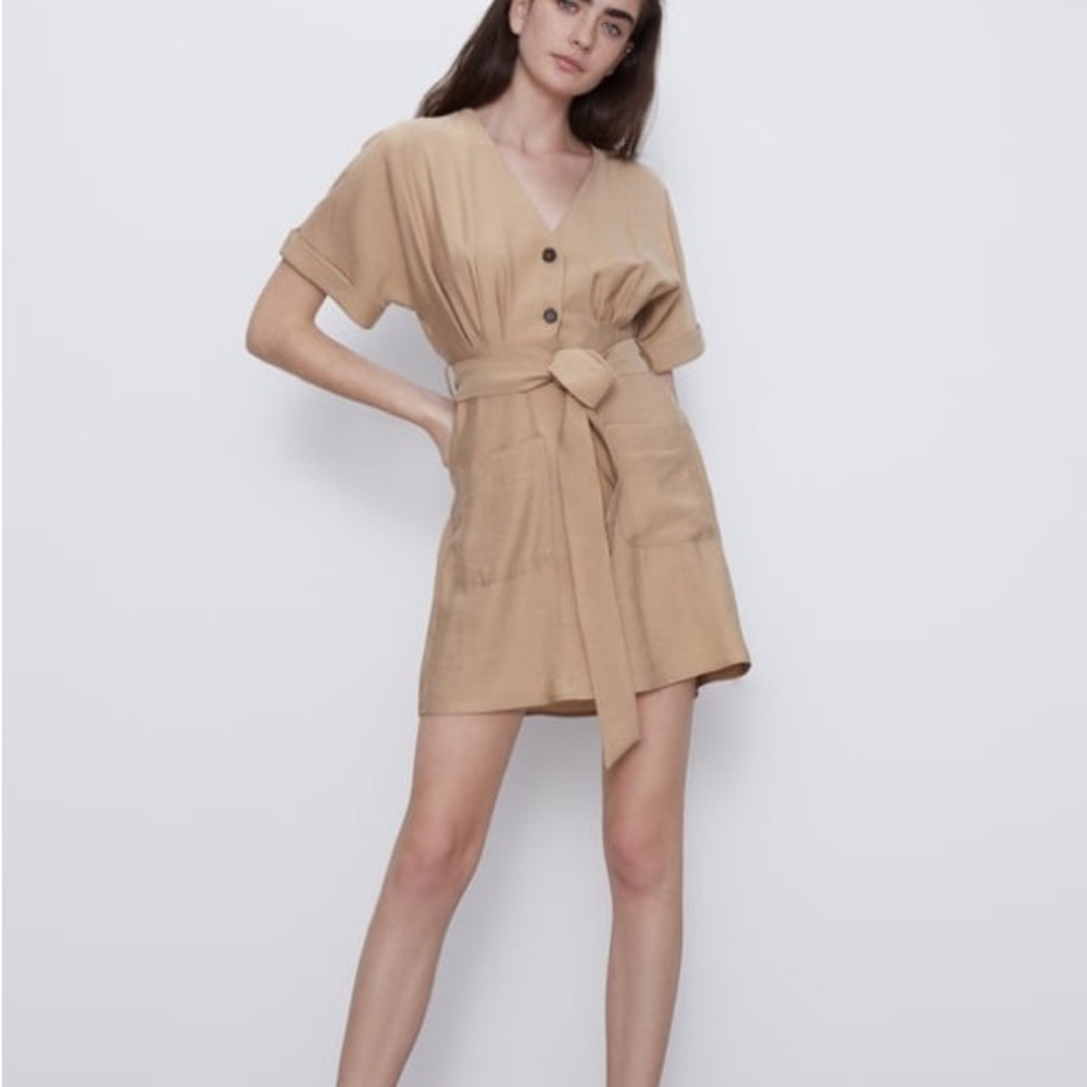 Zara Khaki Button Down Mini Shirt Dress S